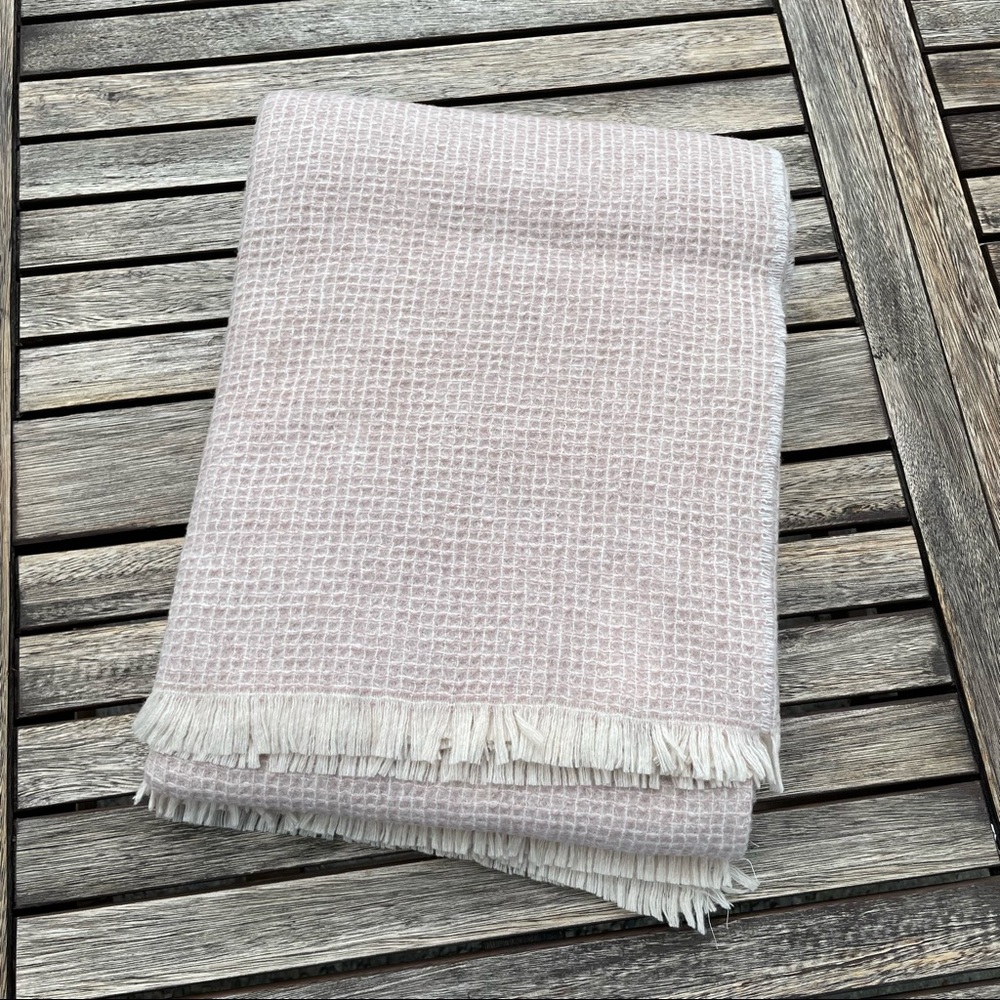 Williams Sonoma Home European Waffle Merino Wool Throw Mauve Ivory 50”x70” NWOT